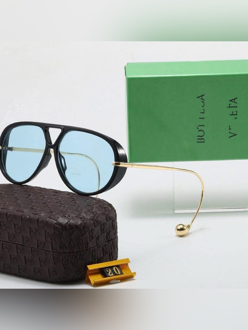 Bottega Veneta Black Frame Light Blue Lens Sunglasses with Gold Temples